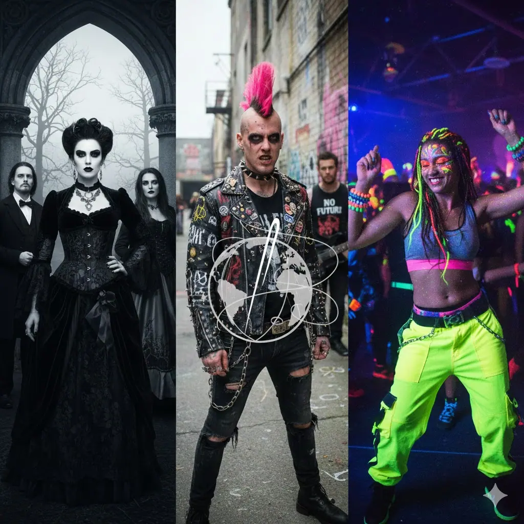 3 different looks of punk fashion, rave fashion, gothic fashion on man and womens