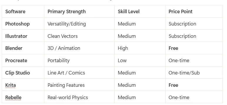 digital art software comparison table