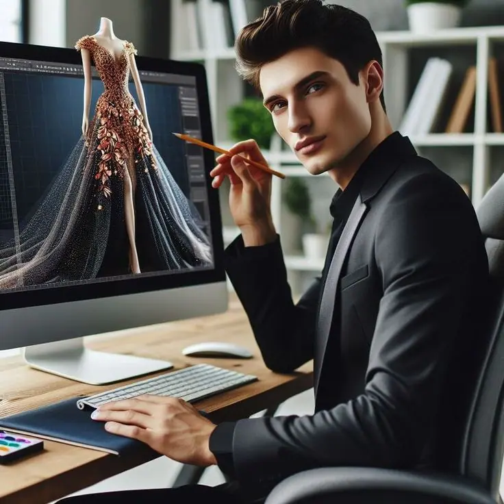 a boy infront of pc drawing dress