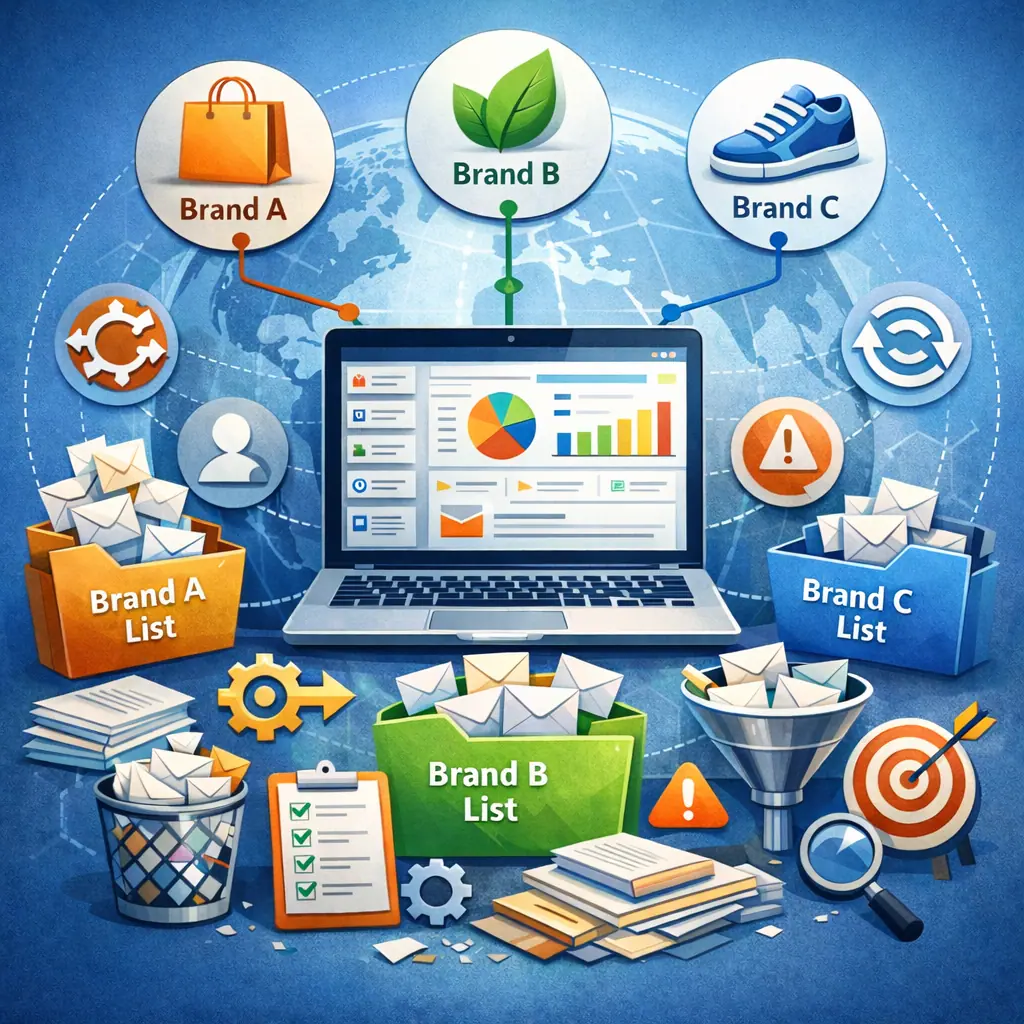 Email marketing dashboard managing subscriber lists across multiple brands