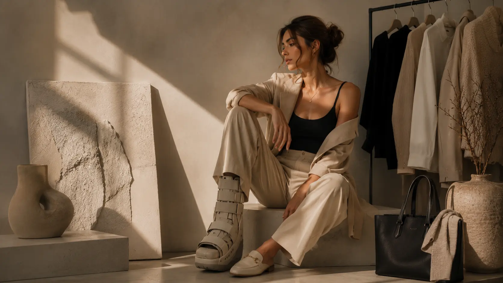 Assorted rolls of fabrics and textiles in a tailor’s studio representing soft, comfortable materials used for chic and recovery-friendly clothing.