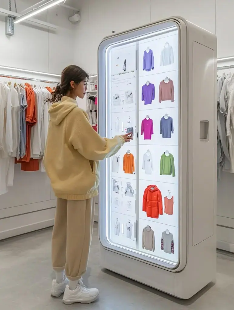 a girl choosing dress on a big screen