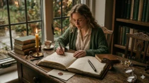 a poet girl is writing on a book