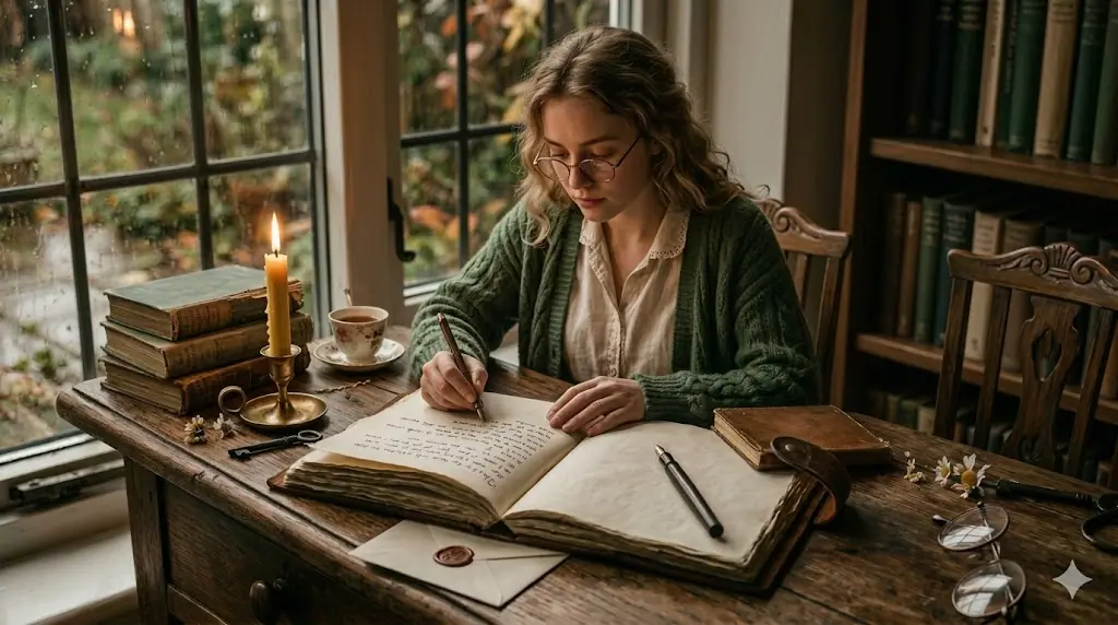 a poet girl is writing on a book