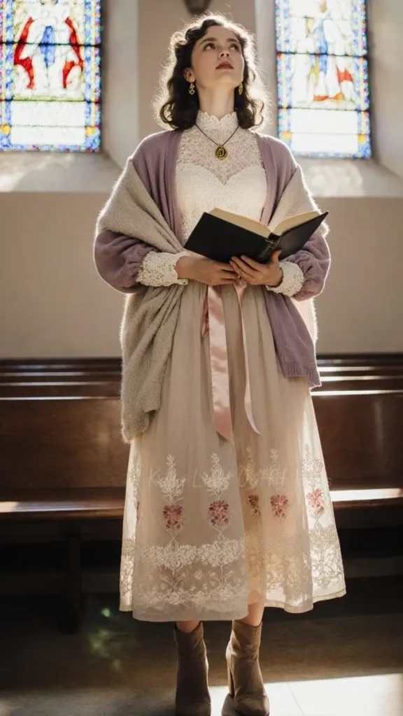 a girl standing holding a book in hands