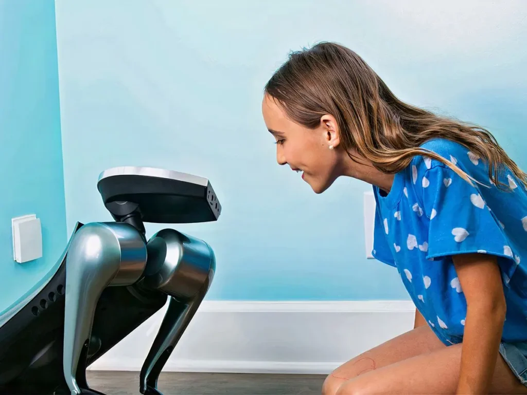 a girl talking to robot