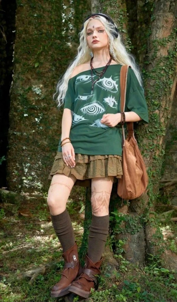 a girl in fores in wilderkind outfit
