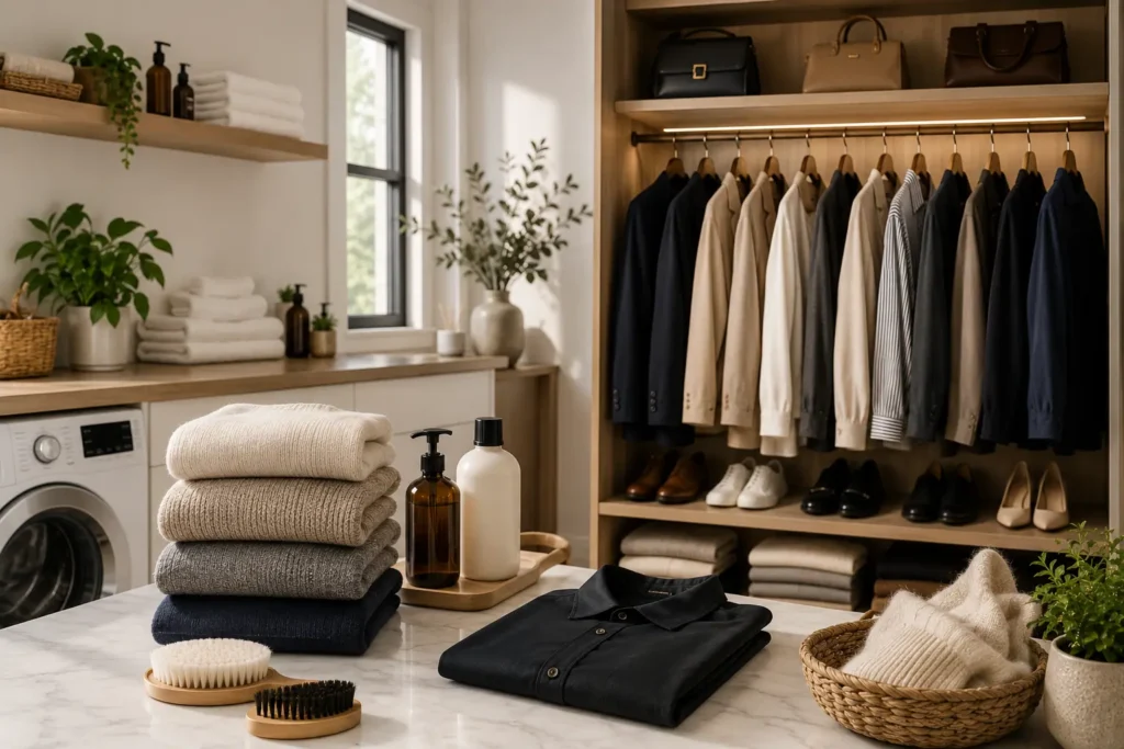 organized wardrobe and garment care concept showing neatly maintained luxury clothing