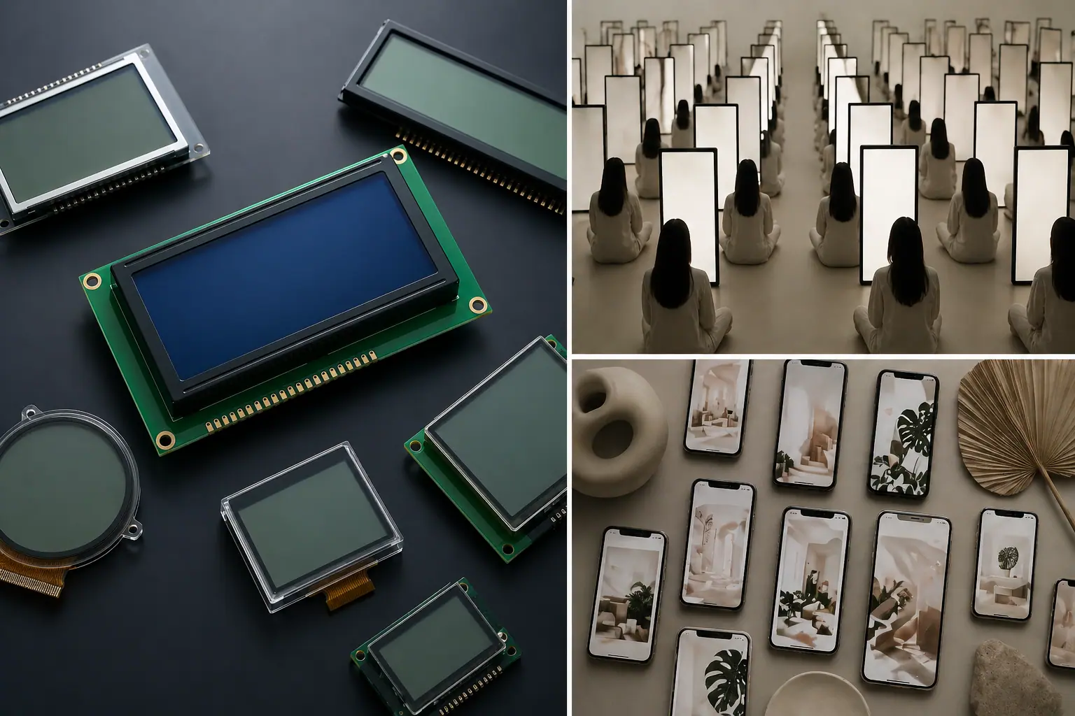 Minimal LCD display modules arranged on a sleek dark surface, representing digital aesthetics and modern screen culture
