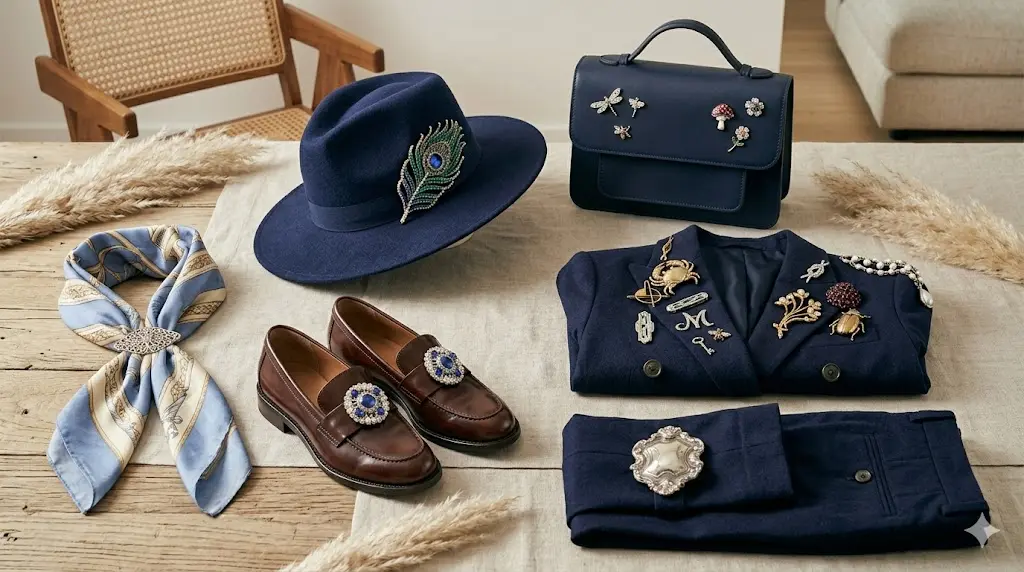 different type of brooches ton different cloth types and hat bag scarf etc