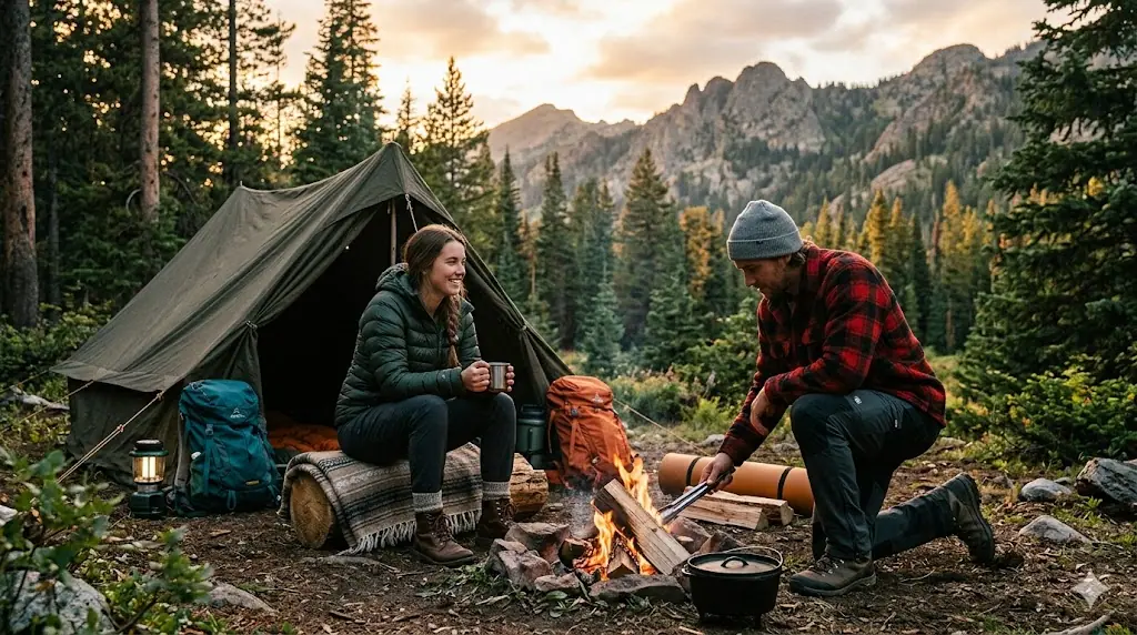 a men and women sitting outside a camp ligting fire