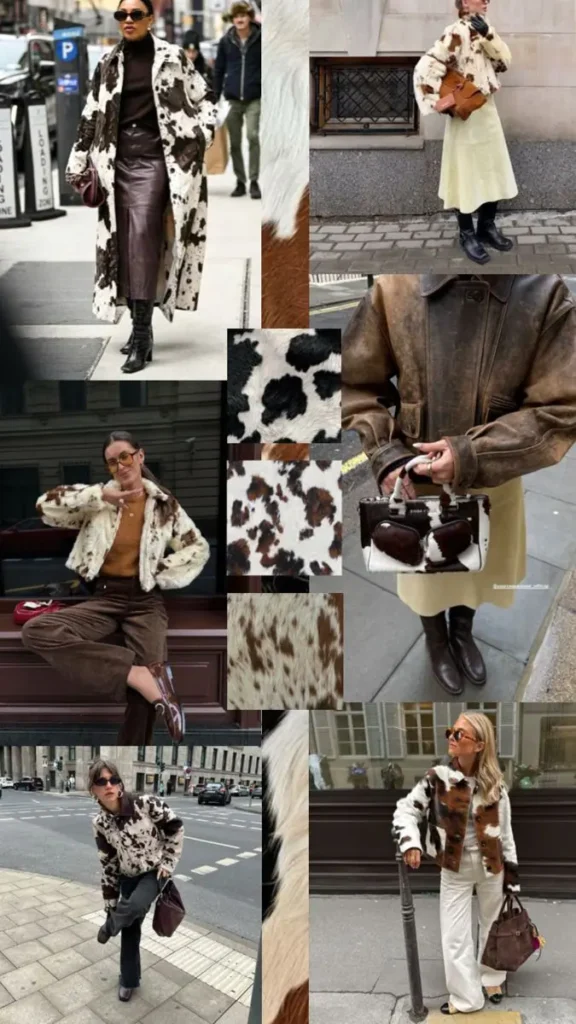 differnt women in this colage image wearing differnt type of looks of Cow Print Outfits like shirt shoe bag etc