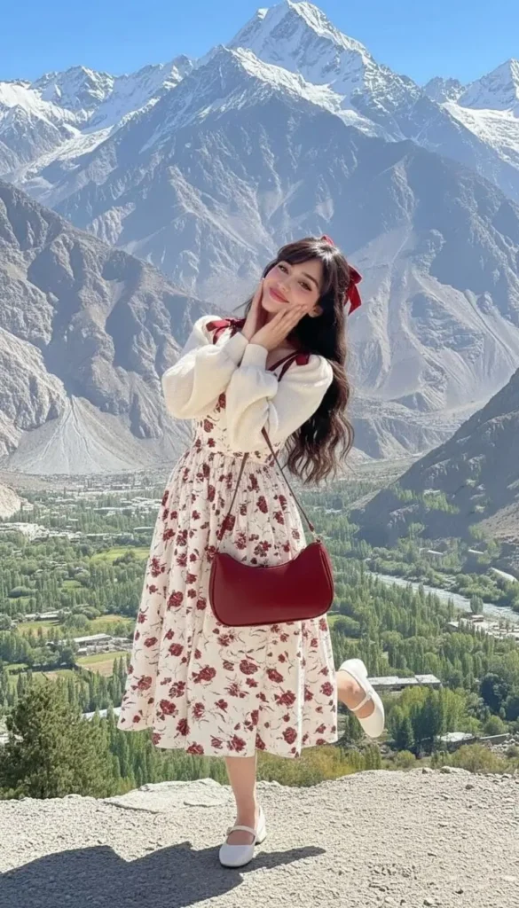 a girl in a flowing floral dress