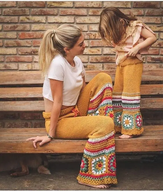 a women and a girl wearing crochet trouser and shirt