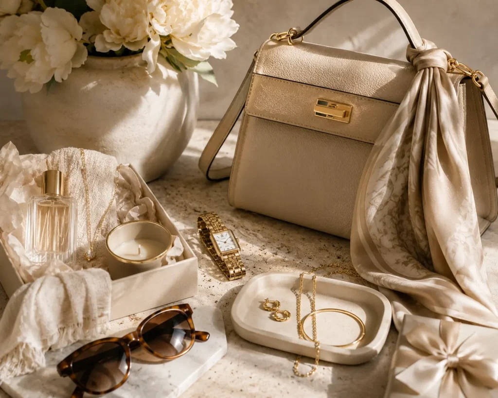 Minimalist luxury lifestyle scene representing thoughtful Mother’s Day gifting and everyday elegance