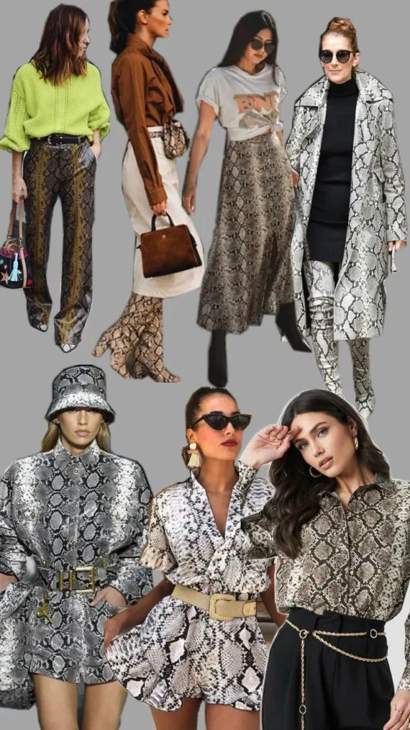 its a collage of differnt womens wearing Snake Print Outfits