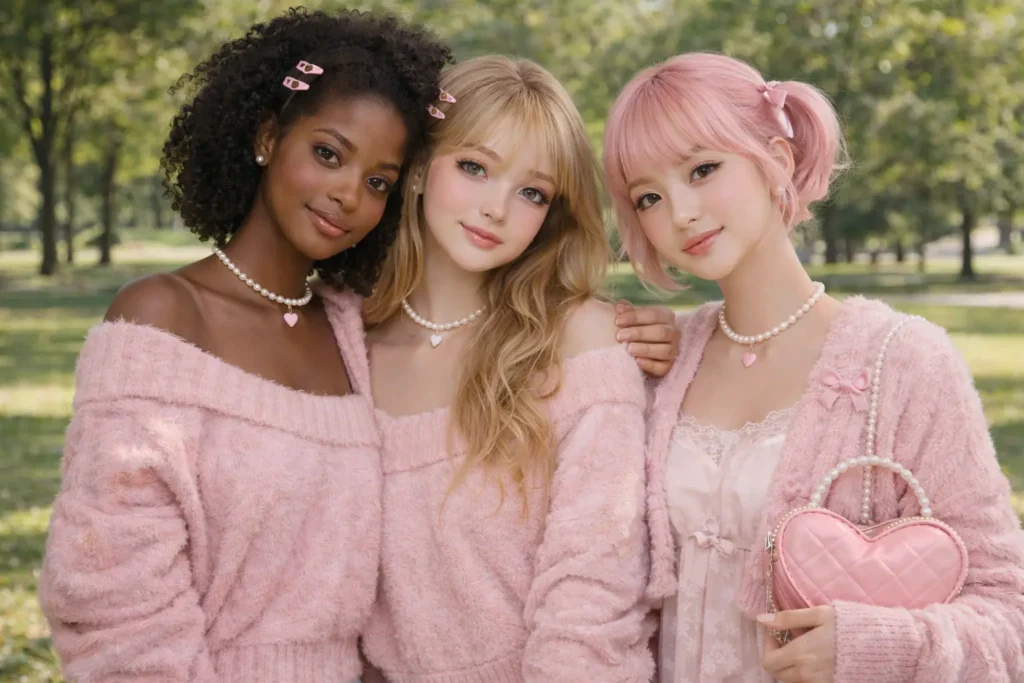 3 different girls in soft girl aesthetic fashion looks