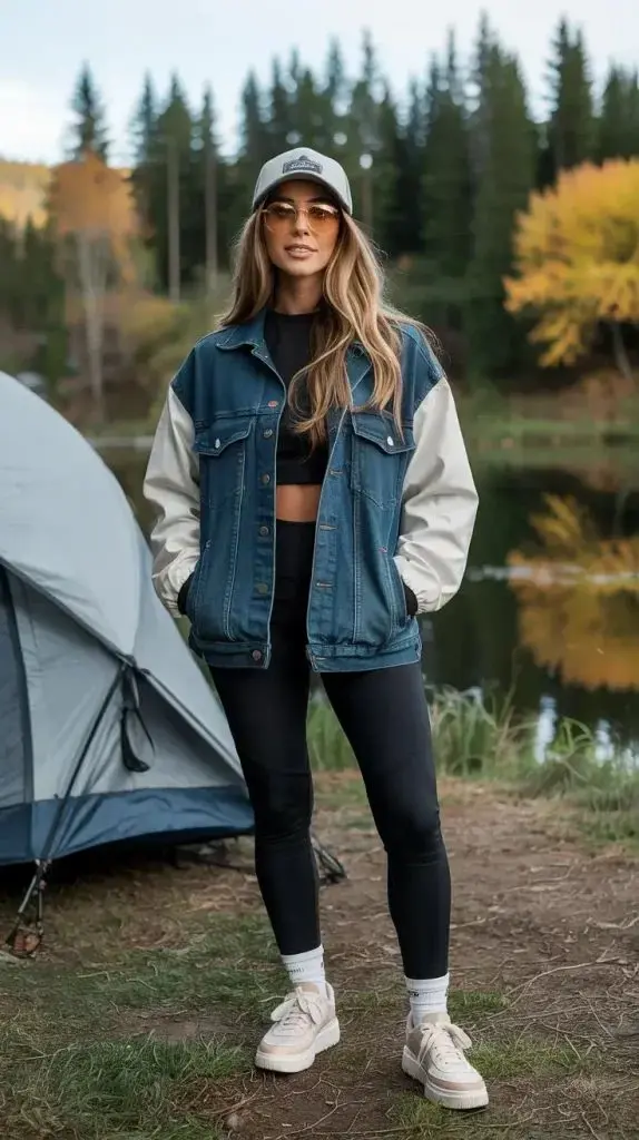 a girl in camping wearing Layer with Sweatshirts and Jackets