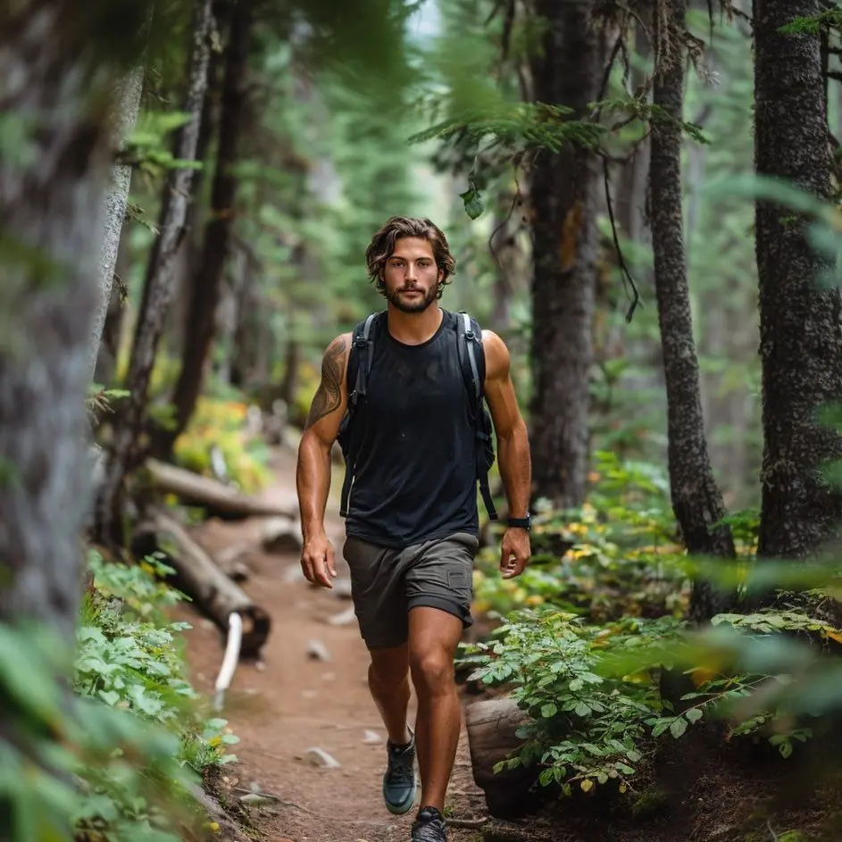 a man in jungle wearing Tank Top with Athletic Shorts