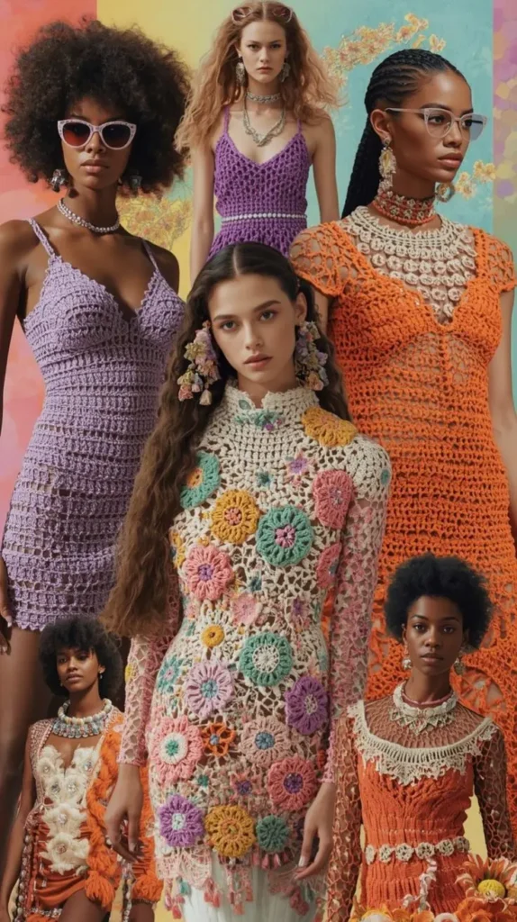 6 models wearing long crochet and handmade ldifferent dresses