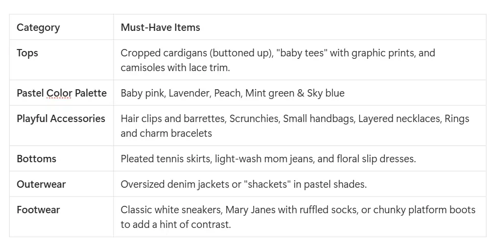 soft girl look tips for wardrobe in a chart