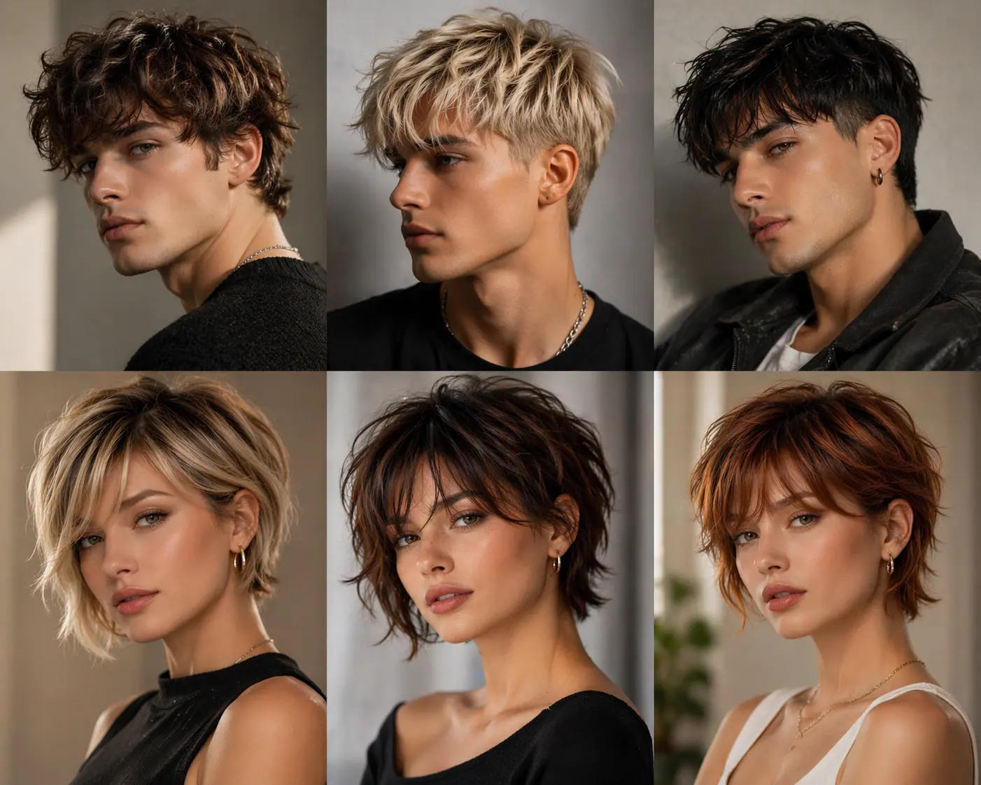 6 different bixie cut look on men and women heads