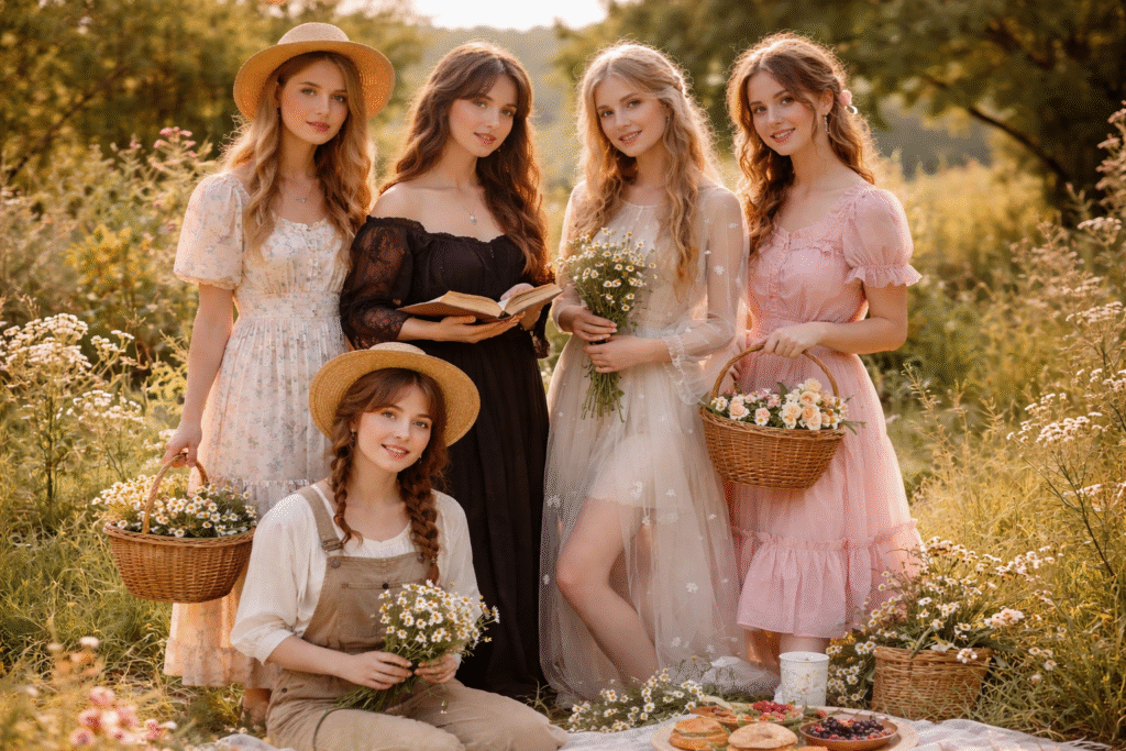 different girls showing different cottagecore aesthetic fashion look