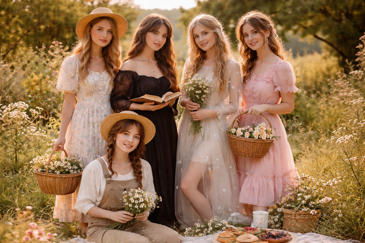 different girls showing different cottagecore aesthetic fashion look