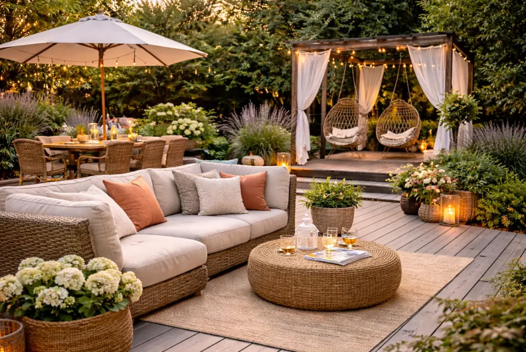 Perfect outdoor space design with modern deck, lounge seating, ambient lighting, and pergola setup for a stylish backyard.