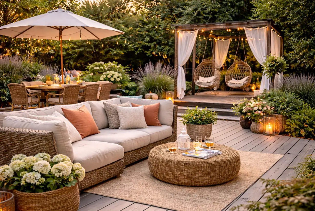 Perfect outdoor space design with modern deck, lounge seating, ambient lighting, and pergola setup for a stylish backyard.