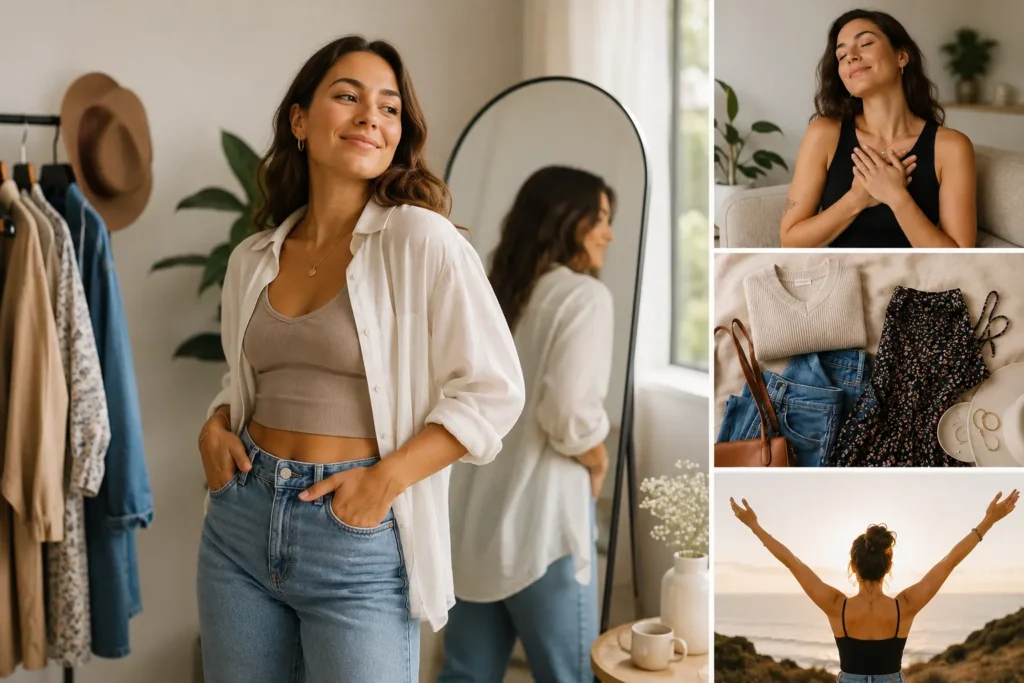 Woman in relaxed denim and neutral top standing naturally, reflecting quiet confidence beyond clothing size
