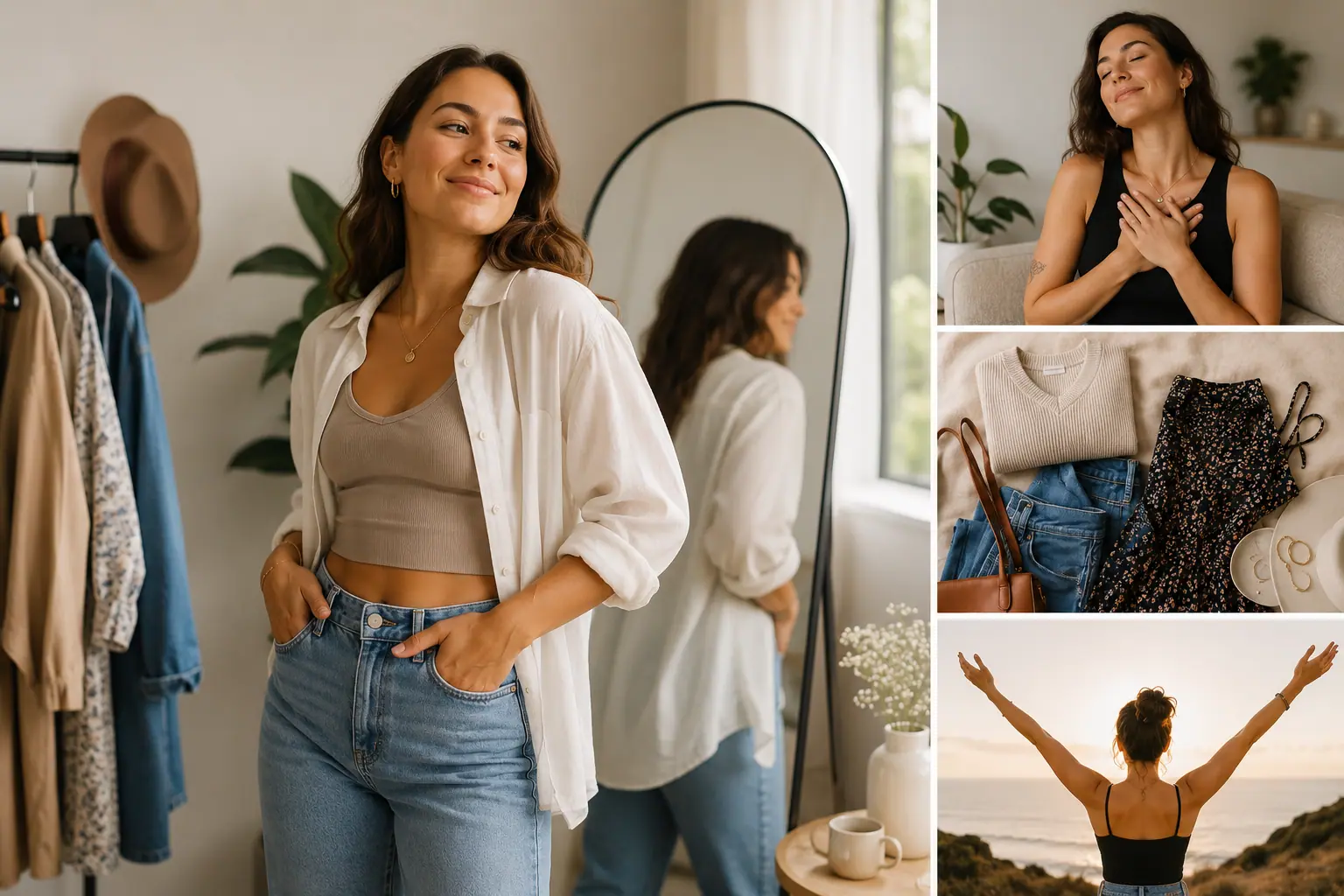 Woman in relaxed denim and neutral top standing naturally, reflecting quiet confidence beyond clothing size