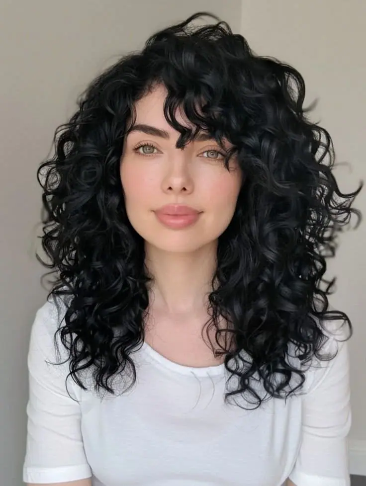 a girl iwith culry hairs and bangs