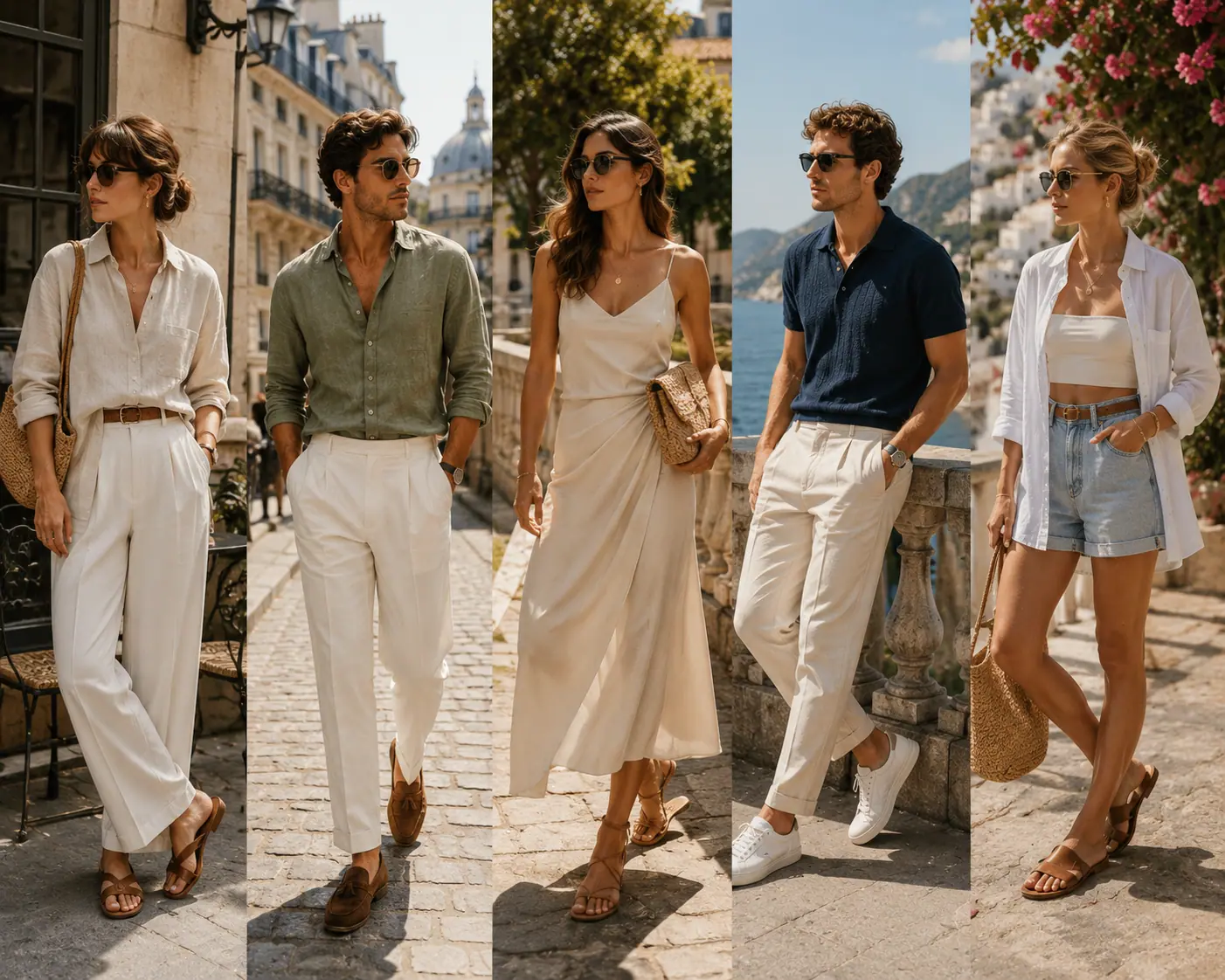 2 differnt men and 2 womens wearing trendy European summer outfit