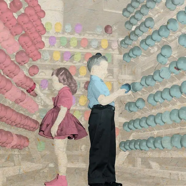a girl choosin pink toy and boy choosing blue