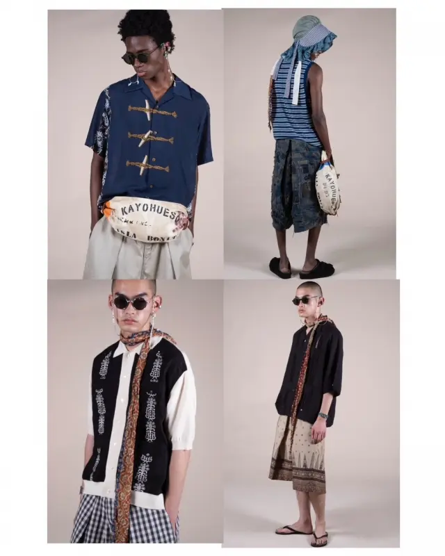 4 different boys in different clothing of Kapital japenese fashion brand dressing