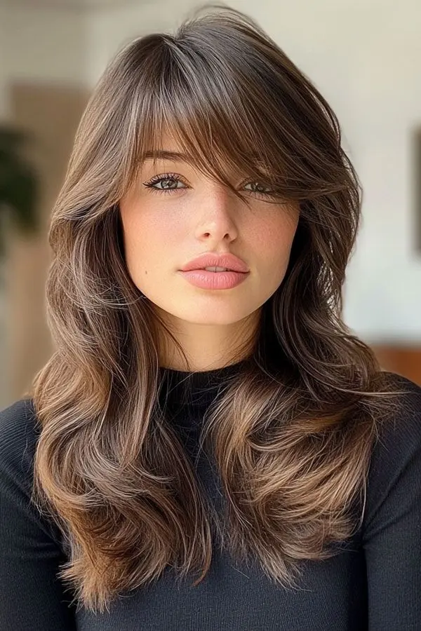 a girl with layer hair cut and side bangs