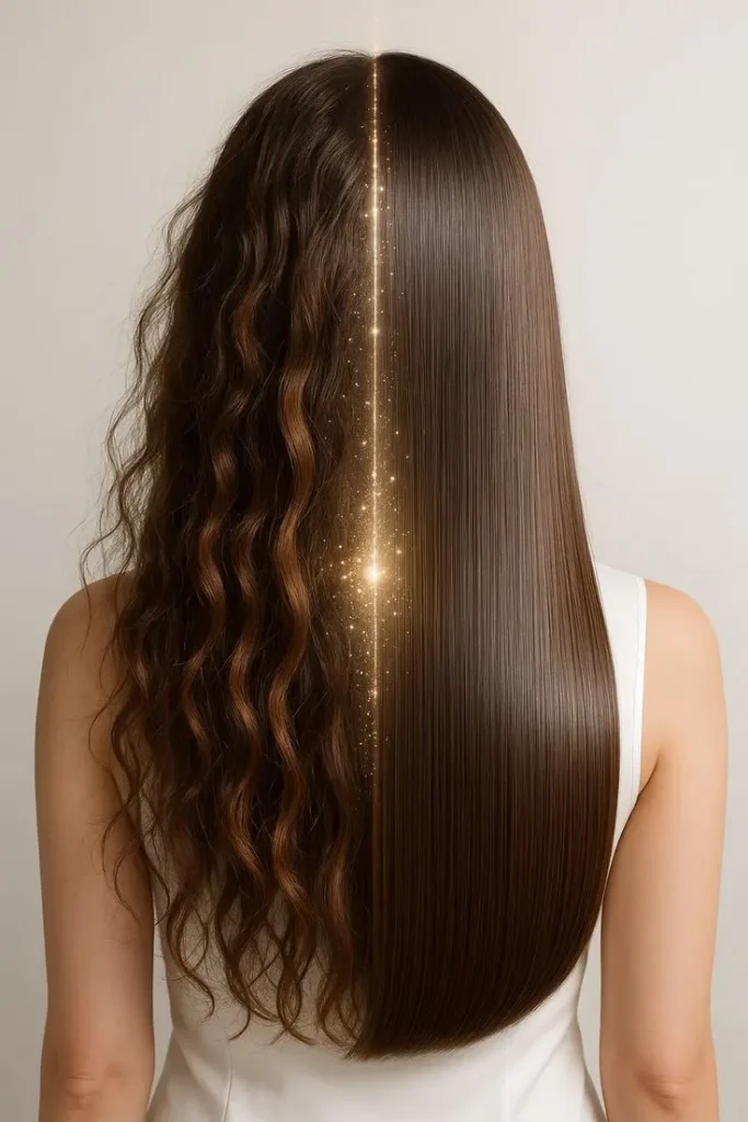 a girl with Korean Haircare routine result with glass hairs