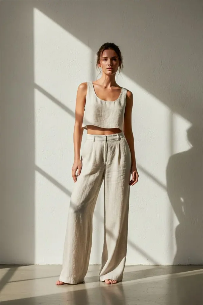 a women in Linen Trousers With Crop Tops
