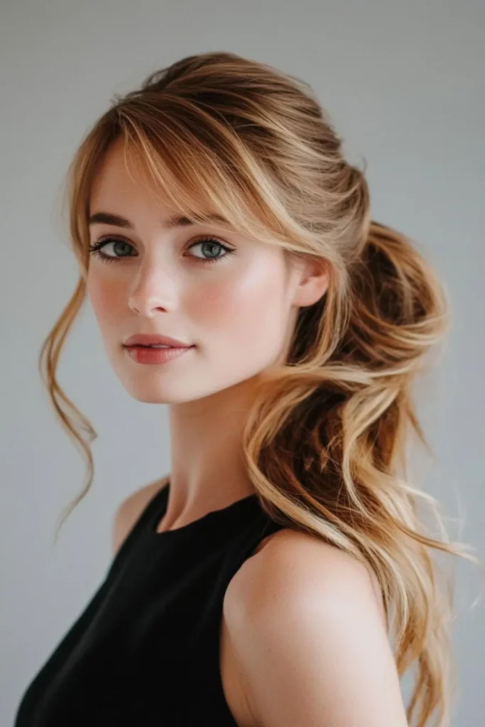 a girl with side bang and ponytail