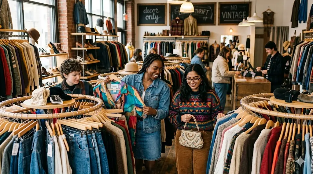 2 womens in a resale fashion shopn looking for secondhand cloths