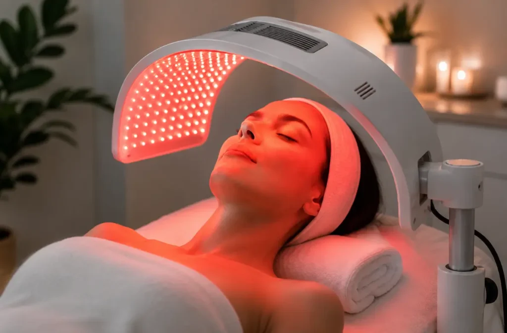 a girl with led light treatment on face