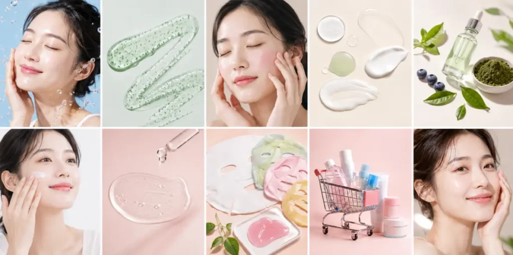 different korean girls doing skincare