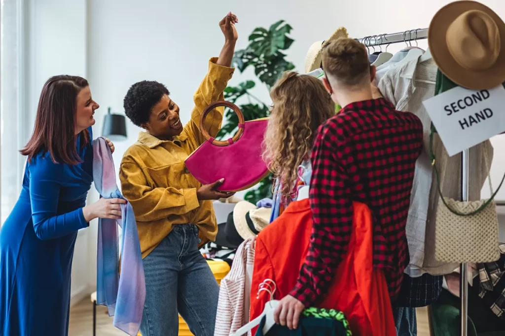 womens exploring second hand dresses