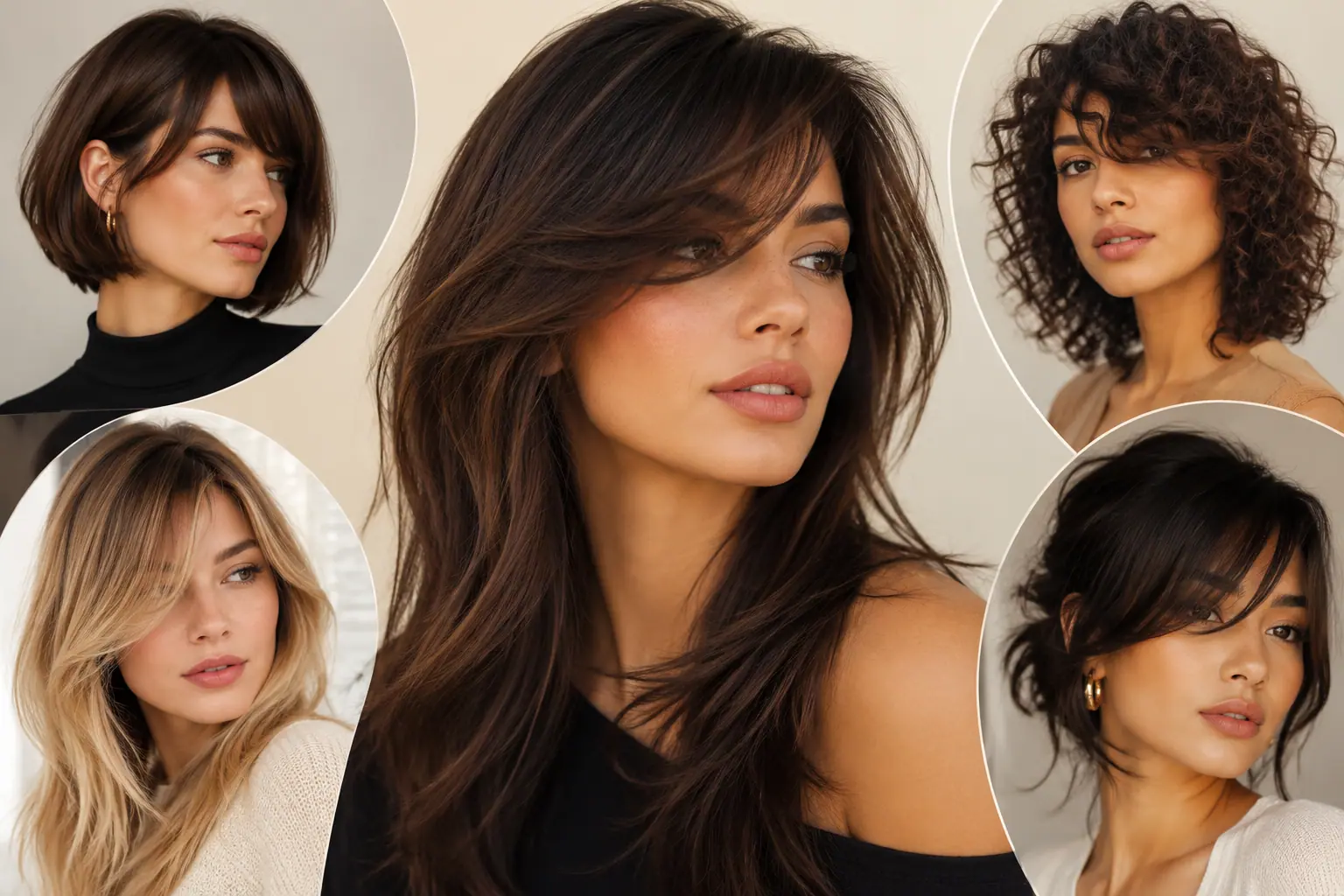 5 girl in different hair lenght hairs with side bangs