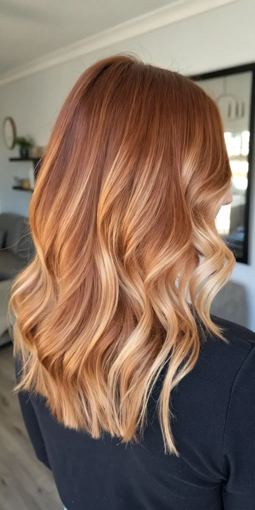 a girl hair showing Copper With Blonde Highlights