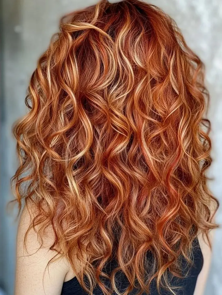 a girl with curly hair and copper dye with blonde highlights