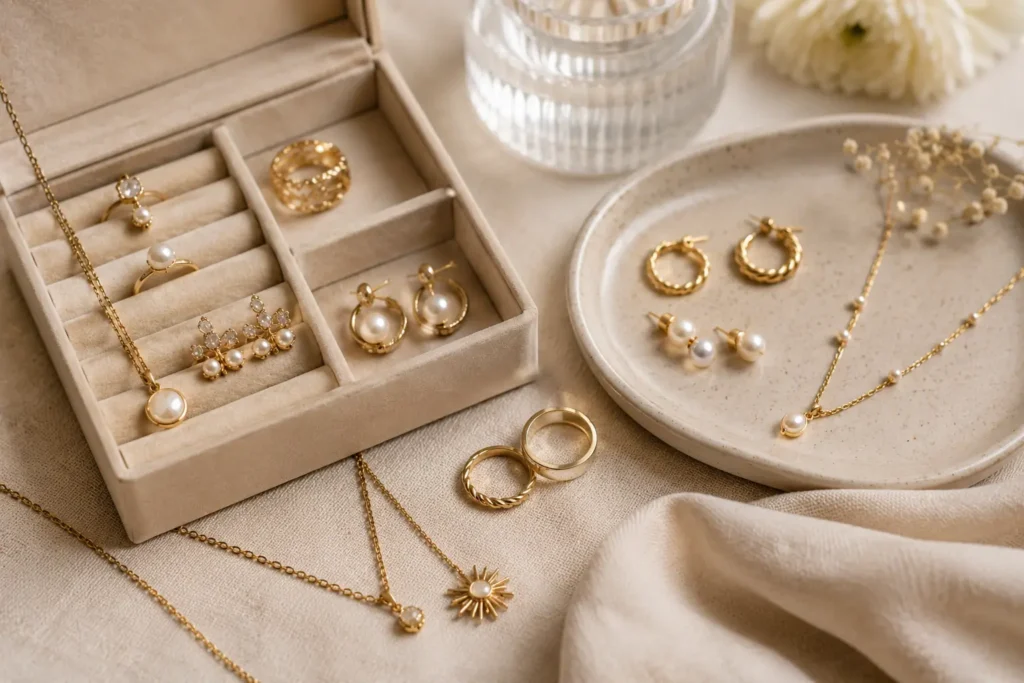 Elegant gold jewelry flat lay with pearl earrings, rings, and necklaces styled on soft neutral fabric.