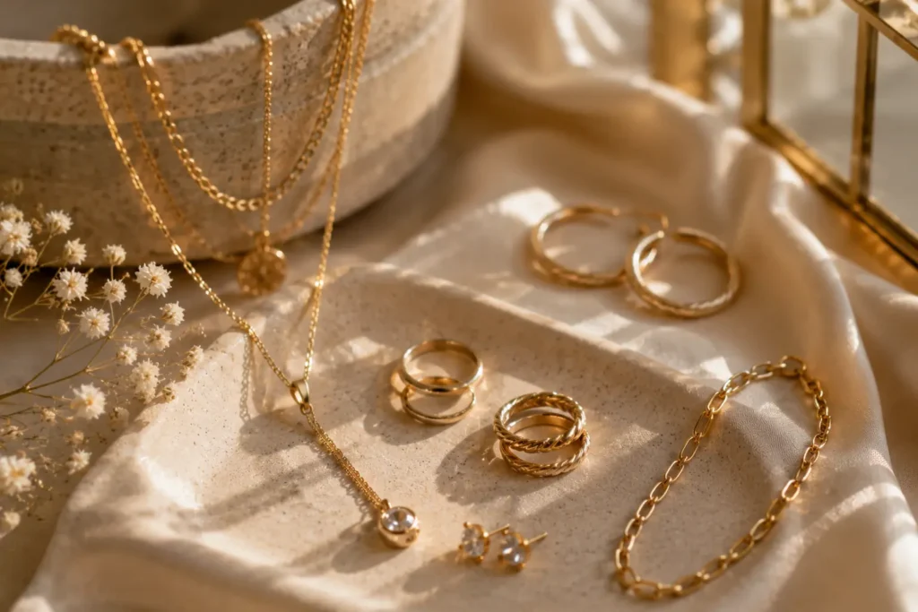 Luxury minimalist gold jewelry arranged on ceramic trays with warm natural sunlight and soft neutral tones.