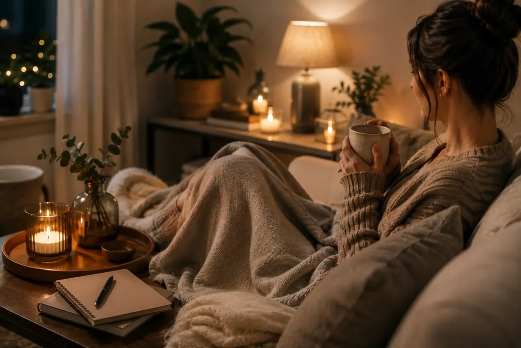 Woman relaxing in a softly lit modern living room during a peaceful nighttime routine with warm lighting and cozy home decor